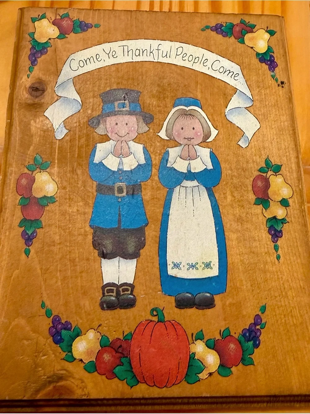 Vintage Thankful Pilgrim Couple Cottage Core Fall Thanksgiving Wooden Wall Art